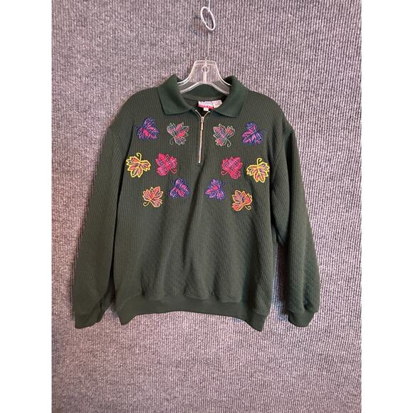 Baxter & Wells 1/4 Zip Sweatshirt Women's Petite Large Green Leaves Vintage - Picture 1 of 7